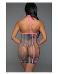 Rainbow Striped Halter Fishnet Mini Dress