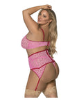 Tickled Pink High Neck Bra, Gartered Waist Cincher And Thong Set