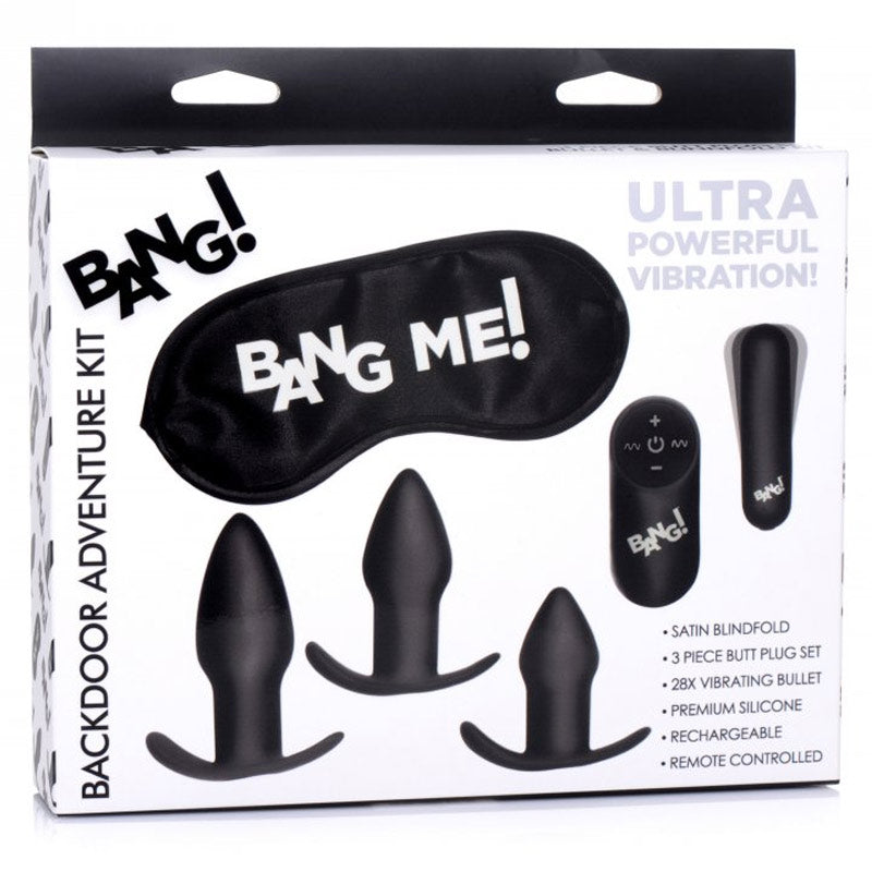 Shop Bang! Backdoor Adventure 3pc Butt Plug Set, Bullet, & Blindfold Kit - Love Shop Shop Bang! Backdoor Adventure 3pc Butt Plug Set, Bullet, & Blindfold Kit - Love Shop