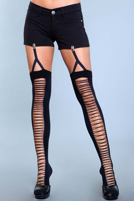 Lace Up Illusion Opaque Thigh Highs With Attached Garter