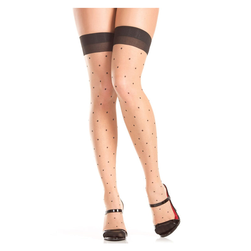 Polka Dot Nude Thigh Highs With Cuban Heel