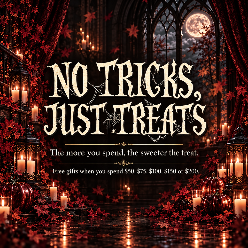 A Halloween-themed promotional banner with the text 'NO TRICKS, JUST TREATS' in large white gothic lettering. The background shows a dark forest scene at night with candles, lanterns, autumn leaves, and a full moon.