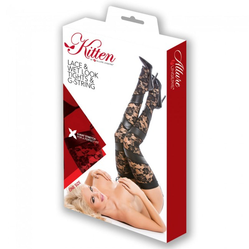 Kitten Floral Lace &amp; Wet Look Tights With G String