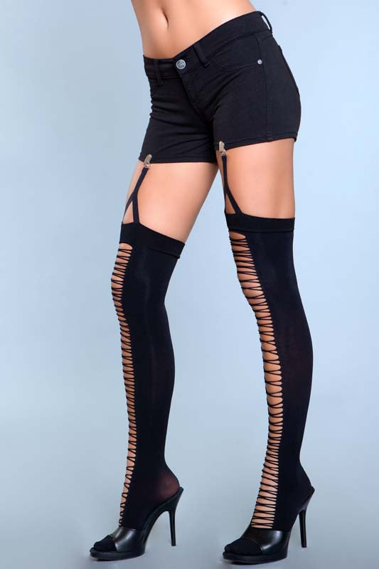 Lace Up Illusion Opaque Thigh Highs With Attached Garter