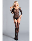 Long Sleeved Suspender Bodystocking With Scooped Back & Thigh Highs