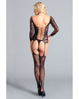 Long Sleeved Suspender Bodystocking With Scooped Back & Thigh Highs