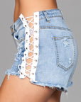 Light Wash Denim Shorts With Lace Up Side